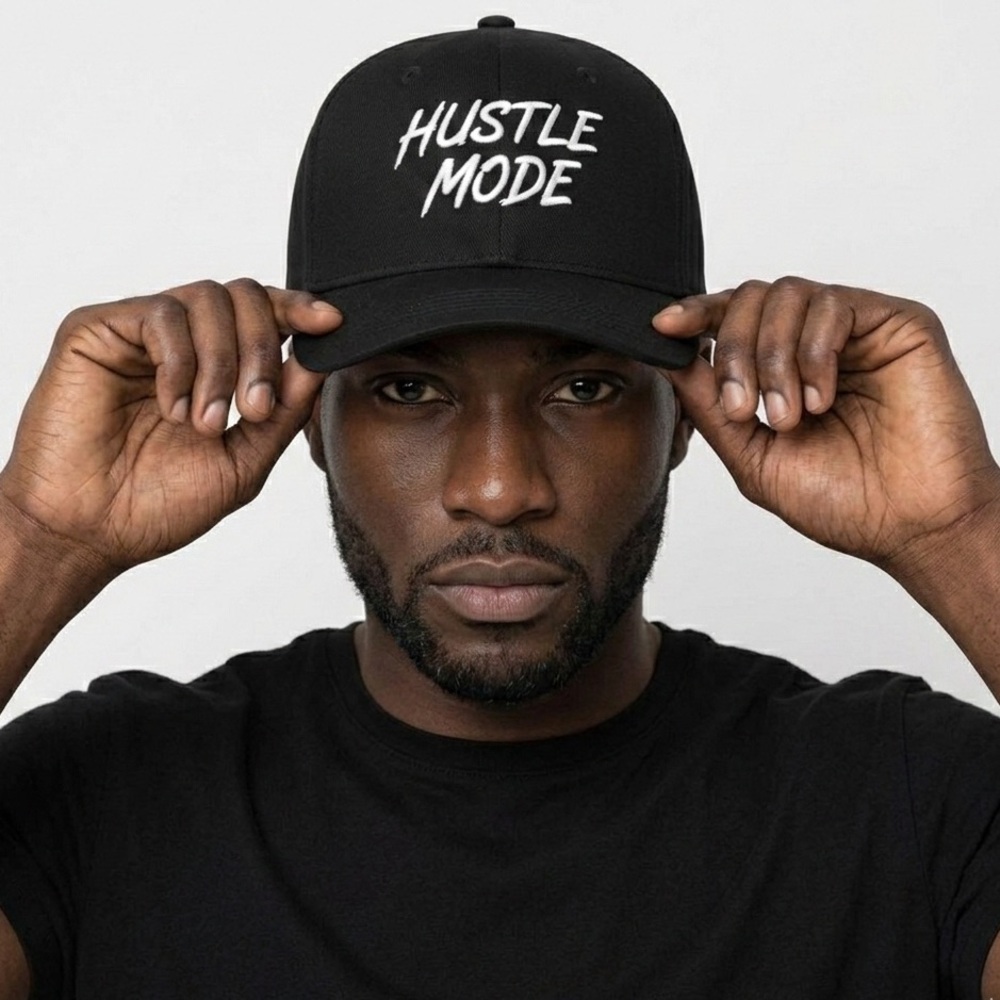 Hustle Mode Black Snapback Hat White Script Embroidered Cap Trendy Culture Vibe